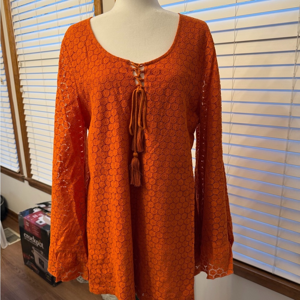 The Hippie Shake Orange Angel Sleeve Lace Tunic Dress